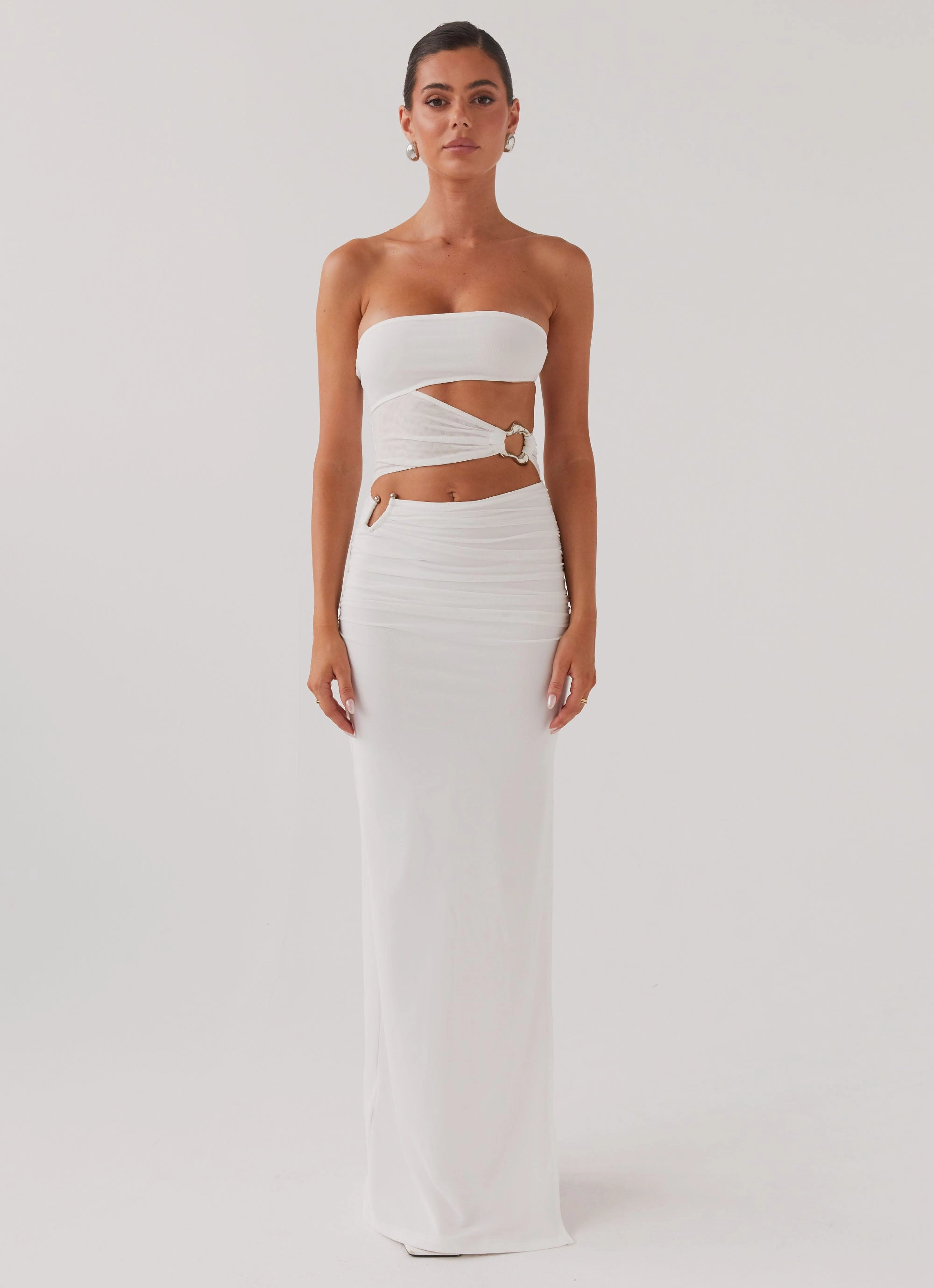 Into Pieces Mesh Maxi Dress - White Drape Wave