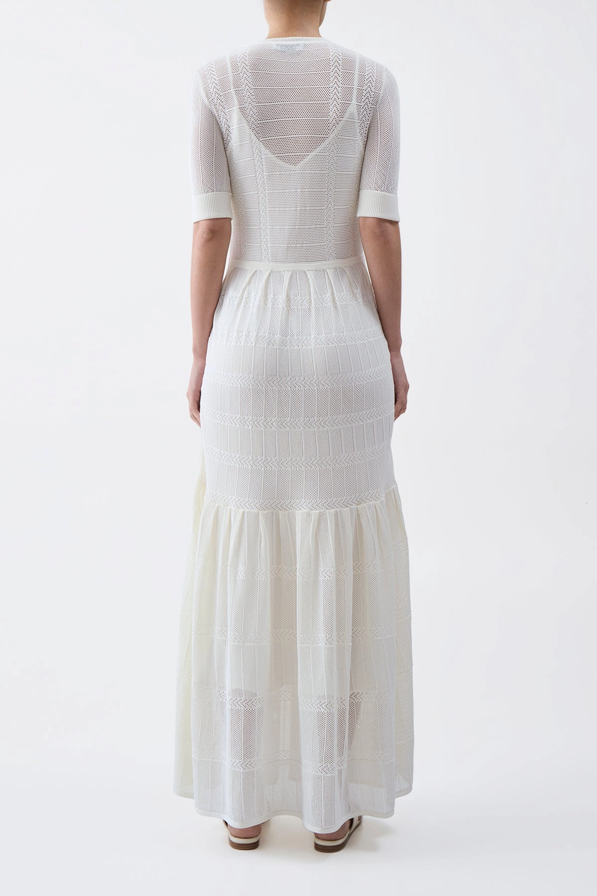 Natural Fiber Composition Iris Pointelle Knit Pleated Maxi Dress with Slip in Ivory Cotton Silk