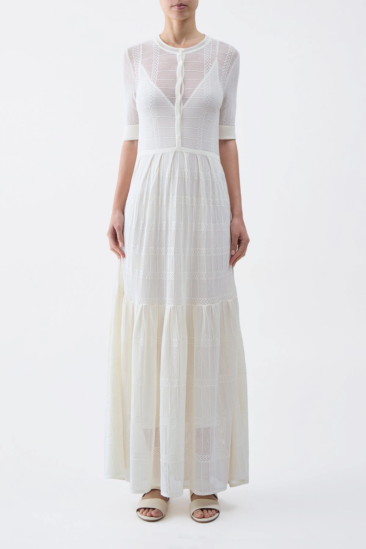 Iris Pointelle Knit Pleated Maxi Dress with Slip in Ivory Cotton Silk Antibacterial Treatment Versatile Casual Look