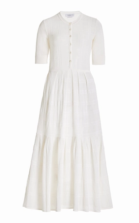 NonIrritating Stitching Light Reflective Trims Iris Pointelle Knit Pleated Maxi Dress with Slip in Ivory Cotton Silk