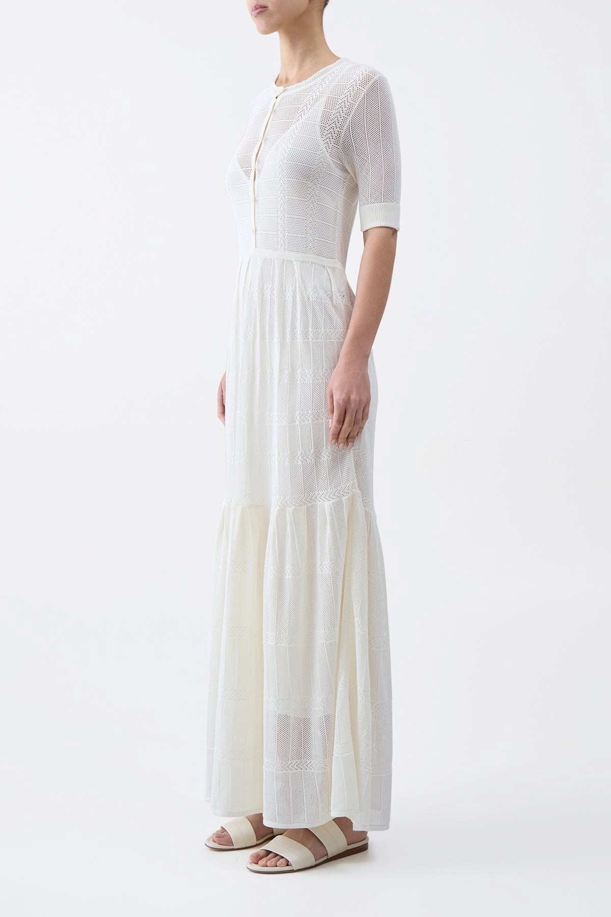 Iris Pointelle Knit Pleated Maxi Dress with Slip in Ivory Cotton Silk MidWeight Construction Tagless Label System