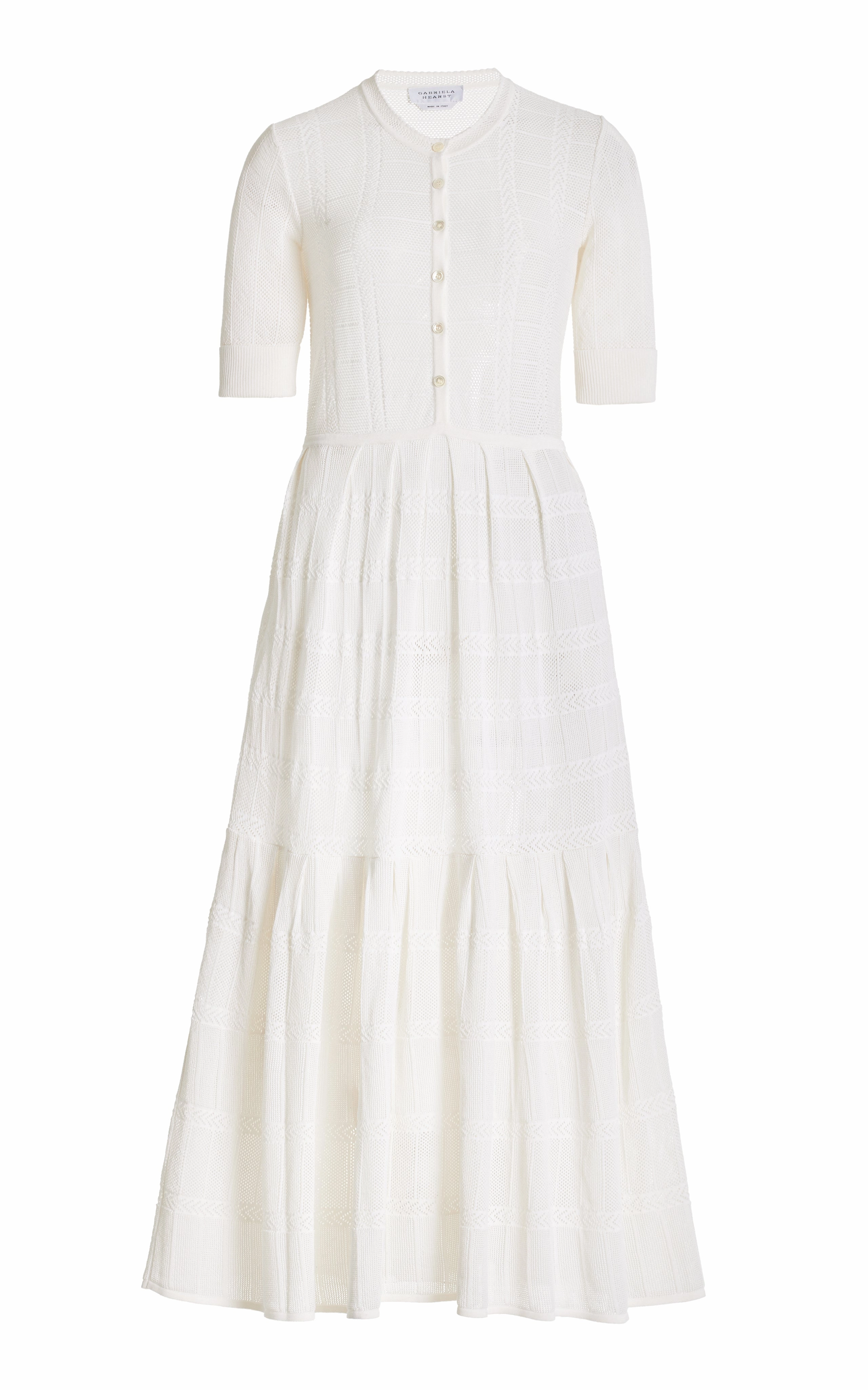 NonIrritating Stitching Light Reflective Trims Iris Pointelle Knit Pleated Maxi Dress with Slip in Ivory Cotton Silk