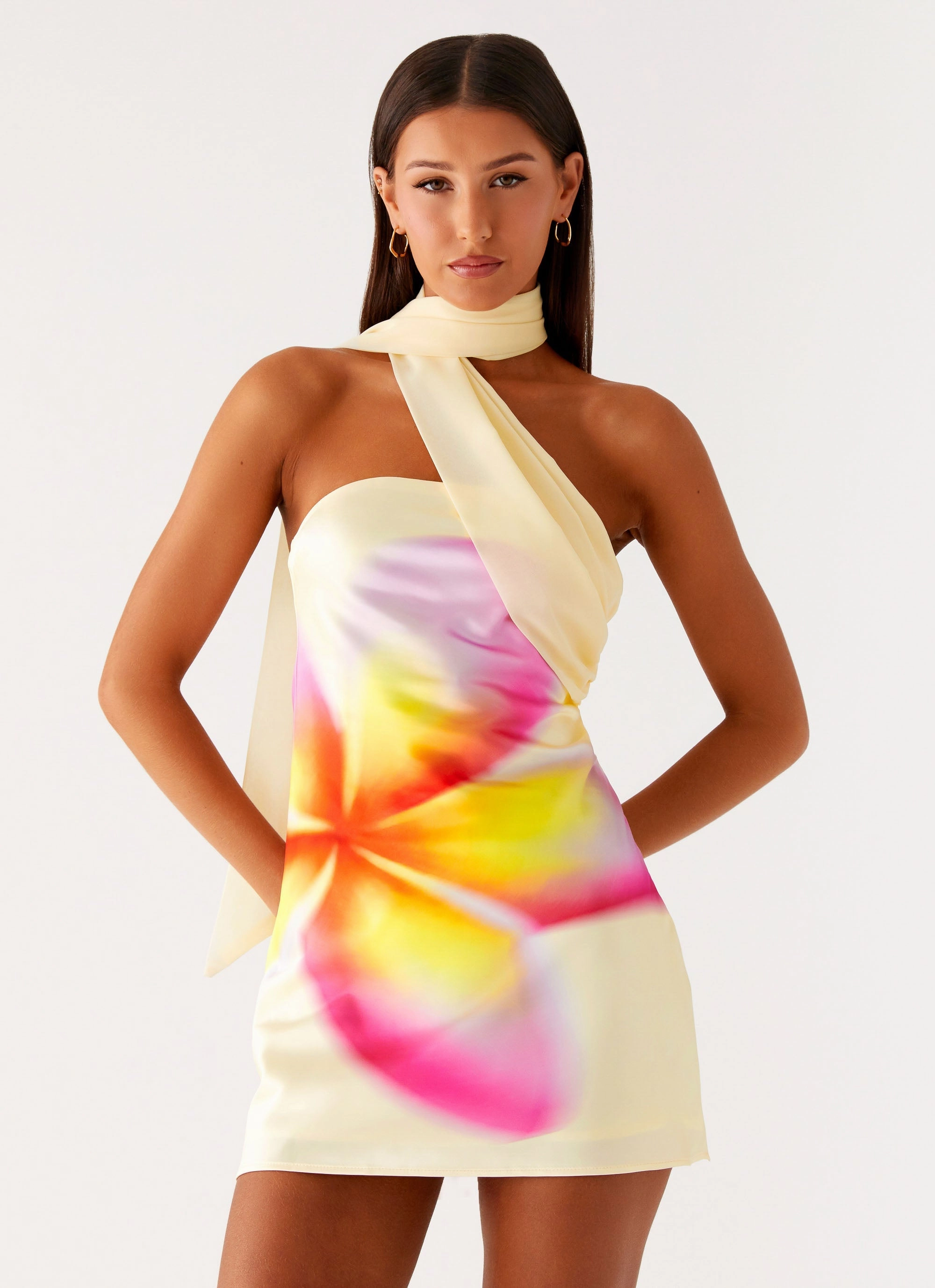 Isa Scarf Satin Mini Dress - Frangipani Yellow Flexible Design Chic Comfort Look
