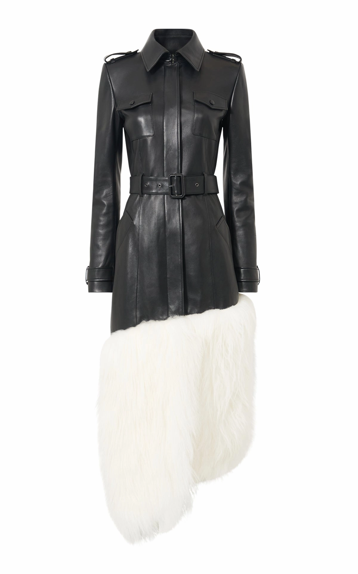 Isak Trench Coat in Black Soft Leather & Ivory Cashmere Shearling Durable Outer Shell