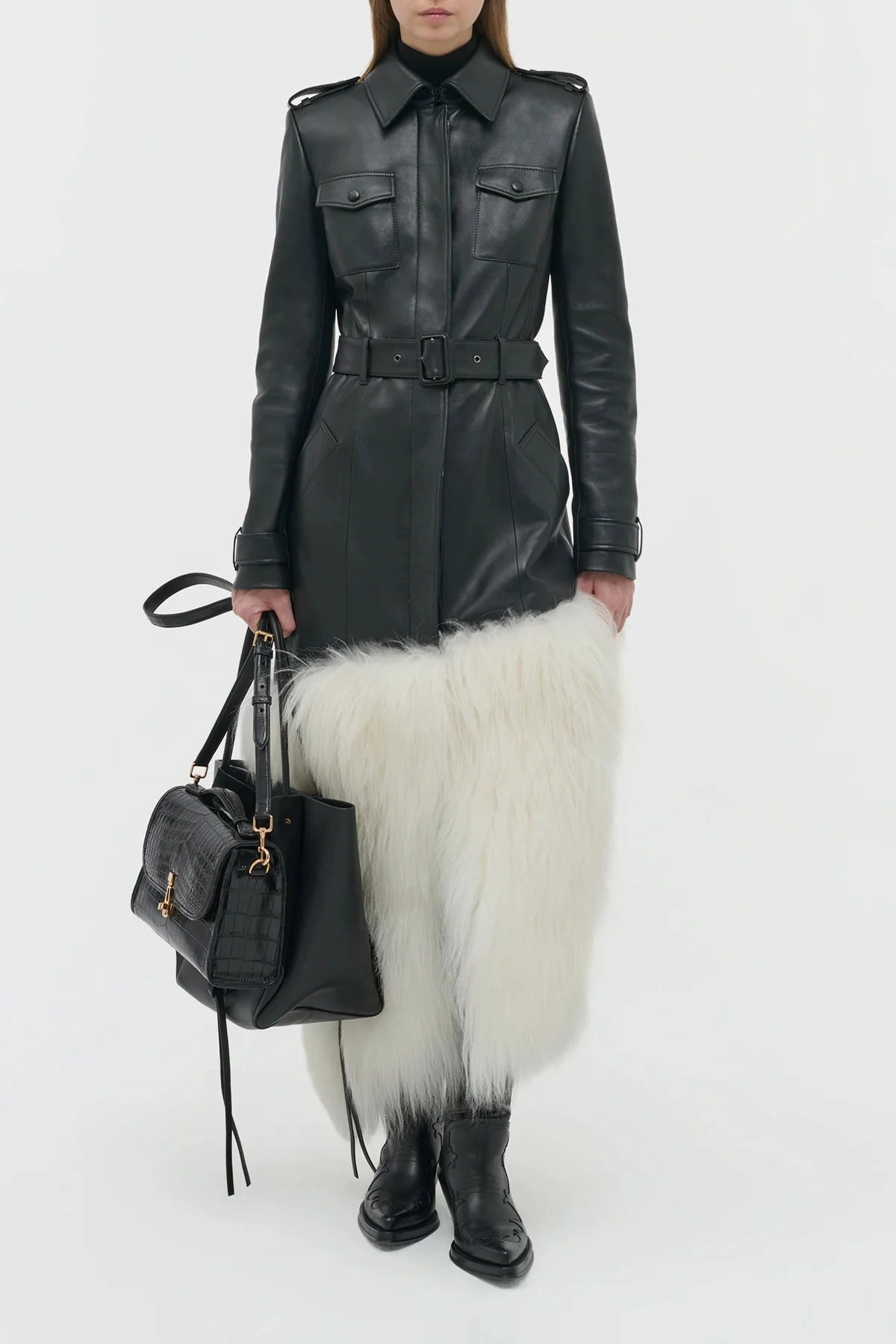 Isak Trench Coat in Black Soft Leather & Ivory Cashmere Shearling Compressed Packing Design Anti Pilling Finish
