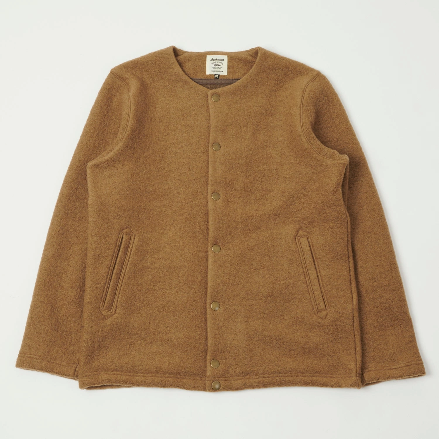 Jackman Wool Collarless Cardigan - Camel Bamboo Fiber Composition