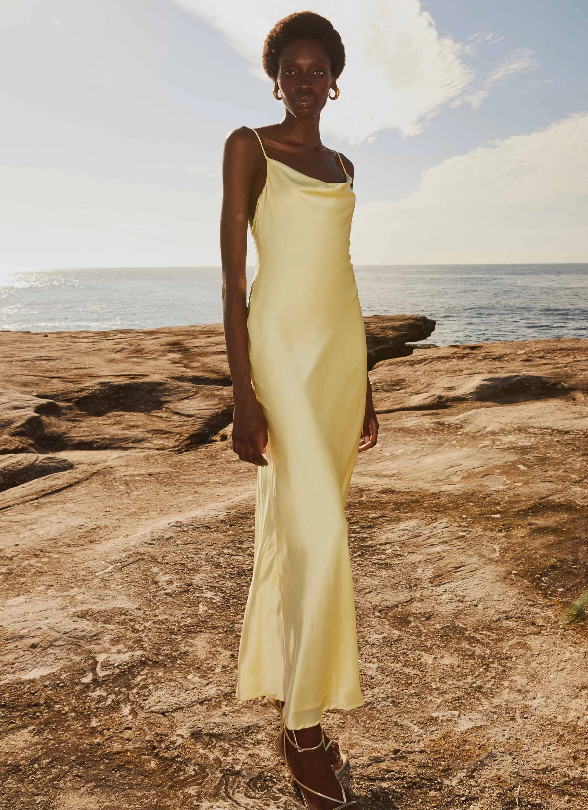 Morning Glow Joanna Satin Maxi Dress - Lemon