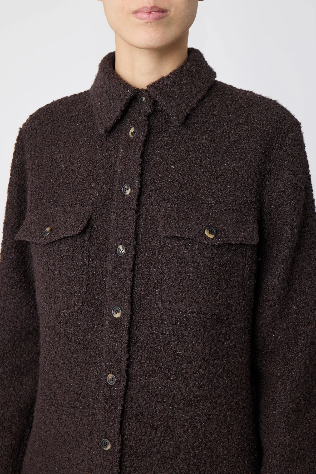 John Austin Shirt in Chocolate Recycled Cashmere Boucle Flexible Hem Adjustment Eco Friendly Recycled Material