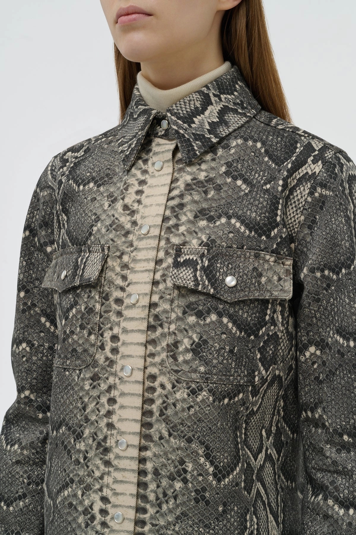 John Austin Shirt in Greyscale Recycled Printed Cotton Denim All Purpose Outerwear Cool Tone
