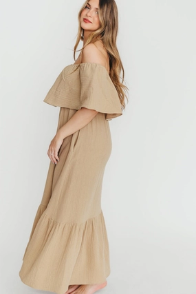 Josie 100% Cotton Maxi Dress in Khaki Minimal Cut Bloom Zone