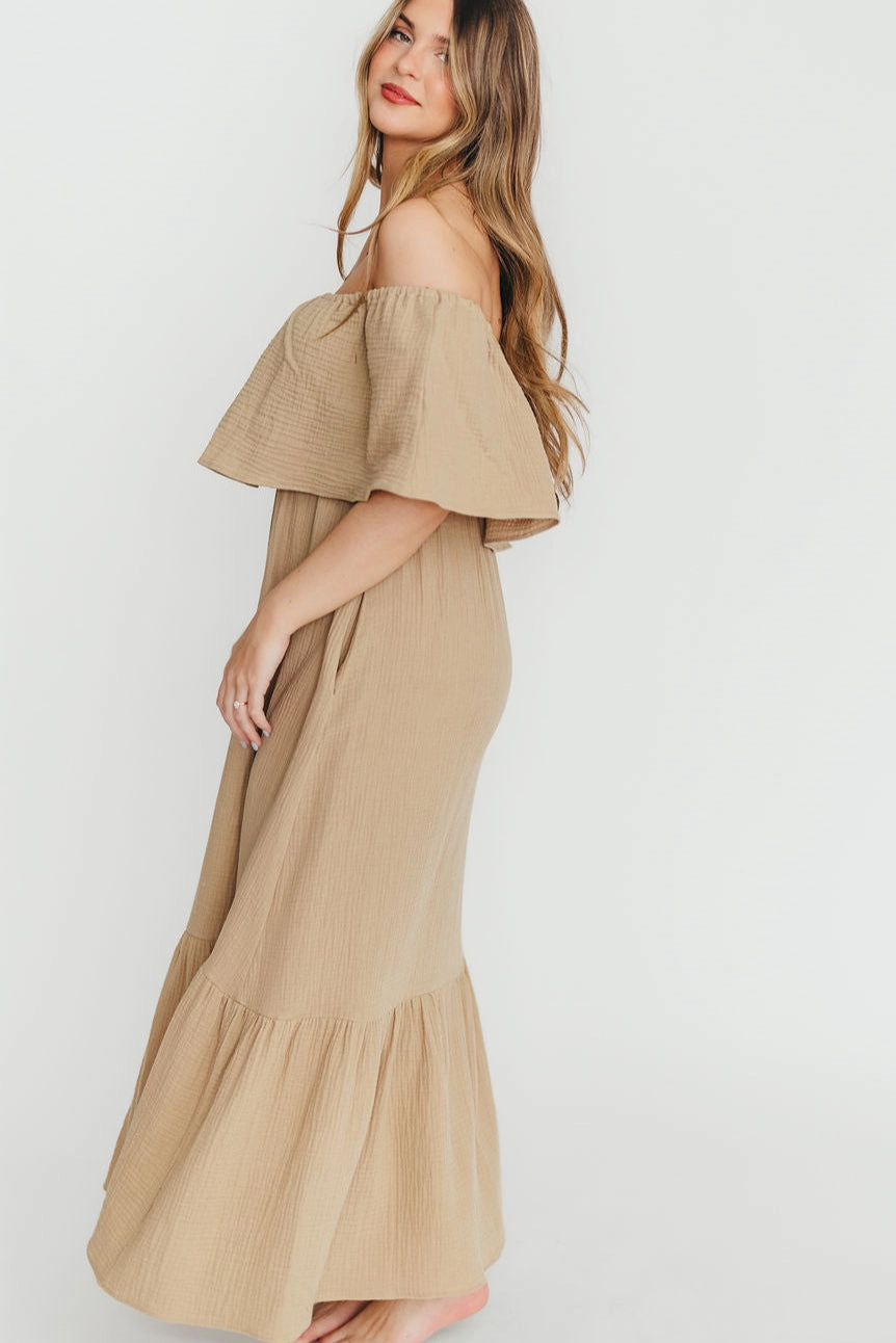 Josie 100% Cotton Maxi Dress in Khaki Minimal Cut Bloom Zone