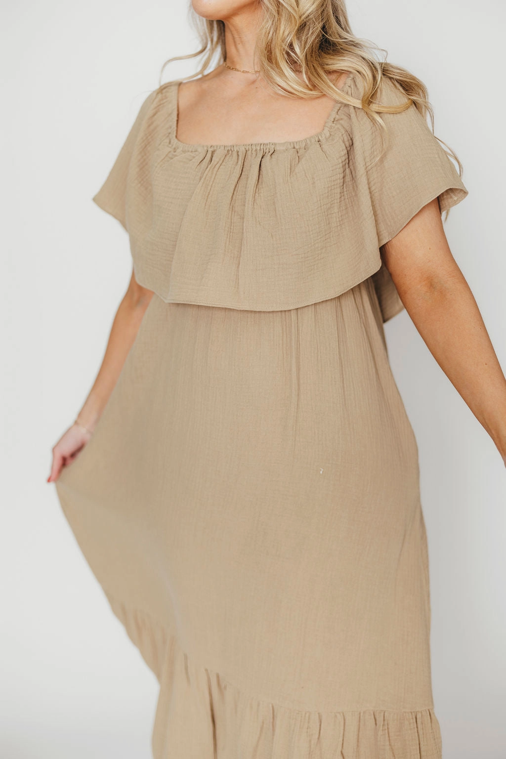 Josie 100% Cotton Maxi Dress in Khaki Shiny Zip Minimalist-Style