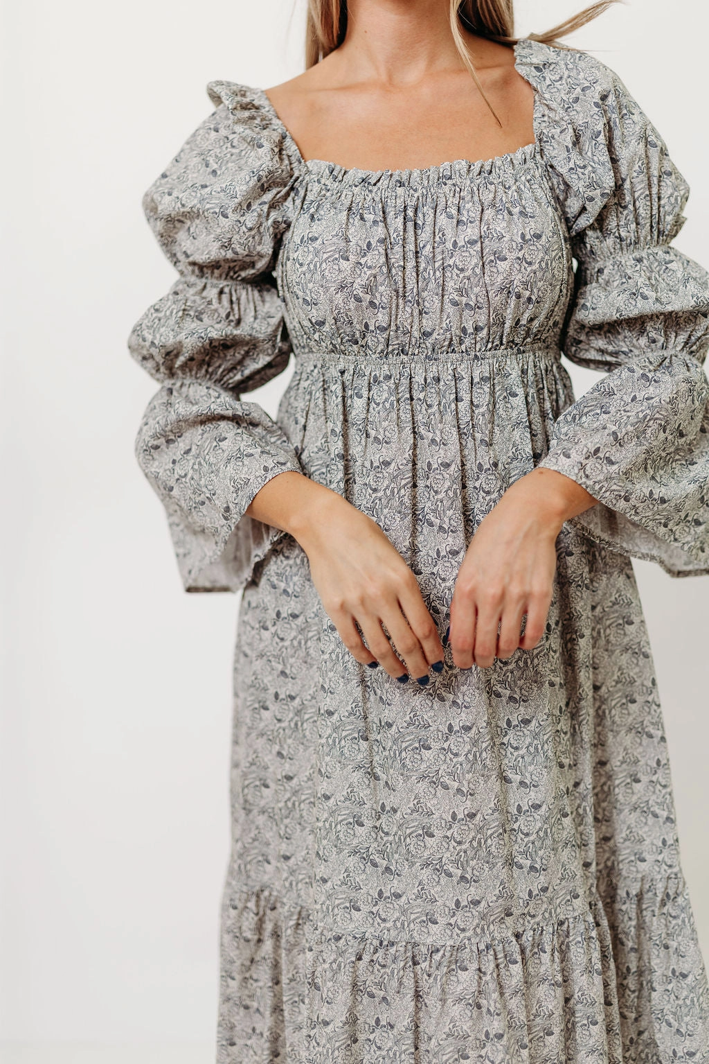 Chic Waist Work Flex Julianna 100% Cotton Floral Print Tiered Midi Dress in Cream/Dark Navy