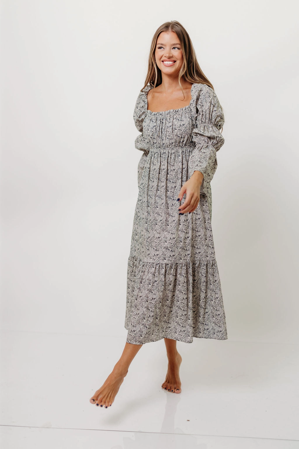 Julianna 100% Cotton Floral Print Tiered Midi Dress in Cream/Dark Navy Neutral Feel