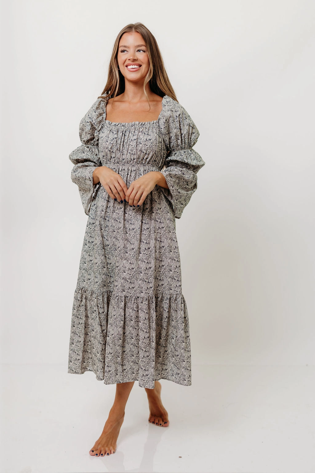 Julianna 100% Cotton Floral Print Tiered Midi Dress in Cream/Dark Navy Refined Mood