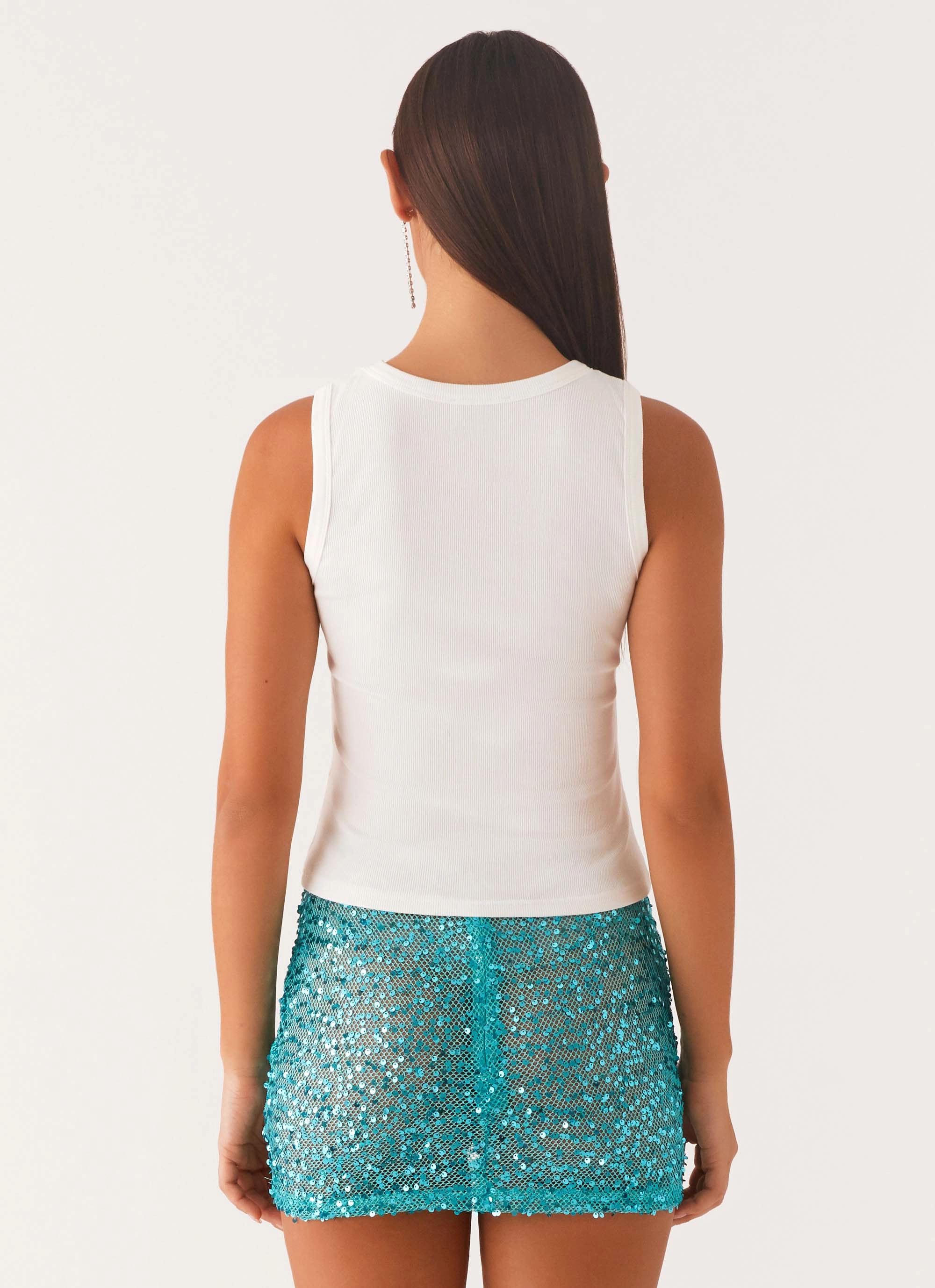 Signature Beaded Logo Tank - White Flatlock stitching plastic material