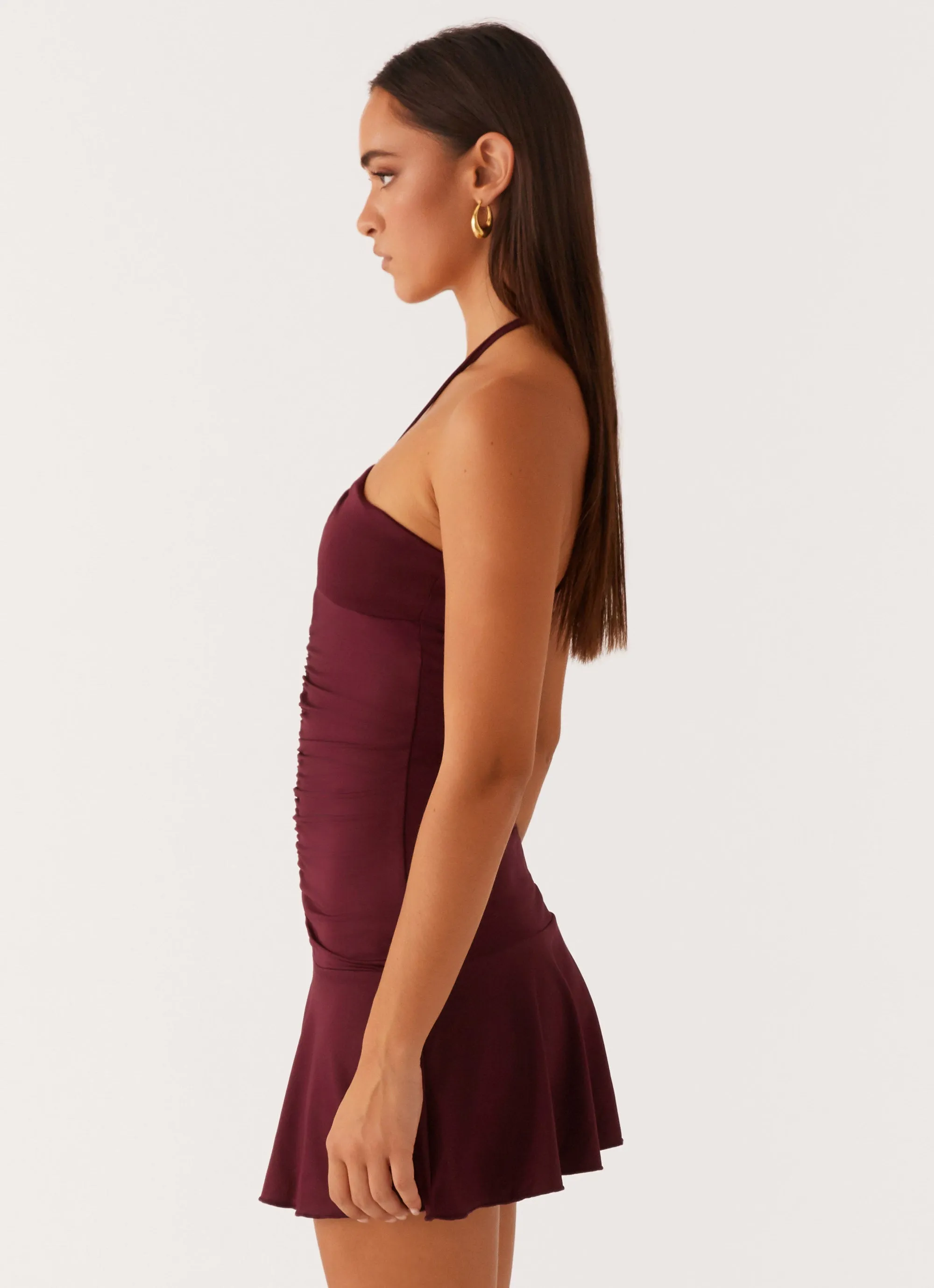 Simple Profile Smooth Fit Katrina Halterneck Mini Dress - Deep Maroon