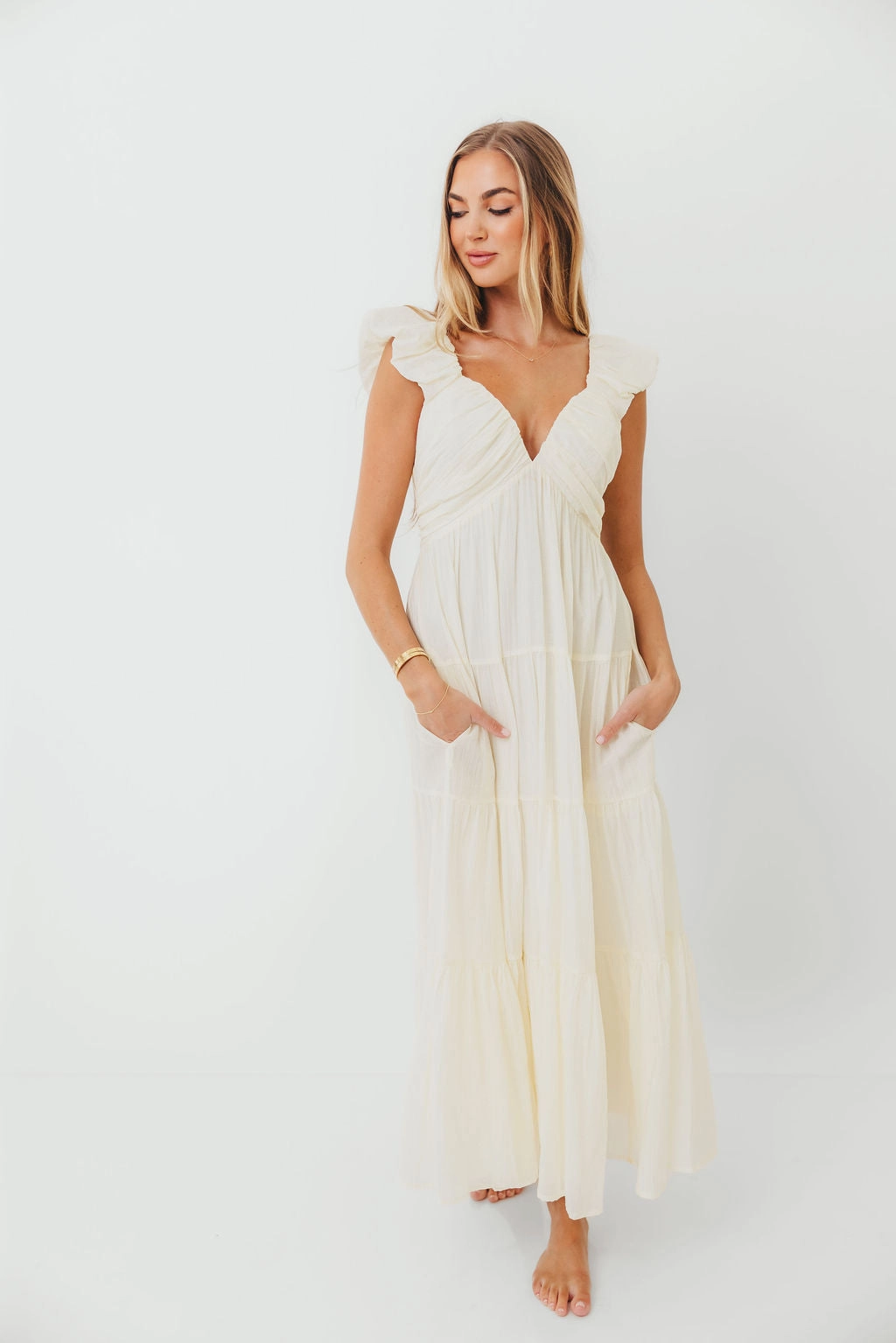 Katy Pleated Bodice Maxi Dress in Cream - Bump Friendly - Restocking End of Sept Elegant Flow countryside