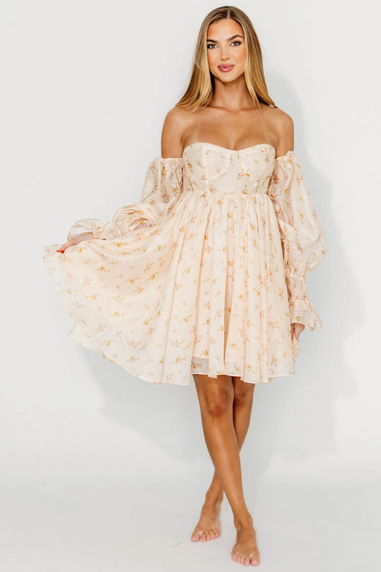 French Vibe Sleek and Flattering Kennedy Floral Mini Dress in Cream- Bump Friendly *Final-Sale*