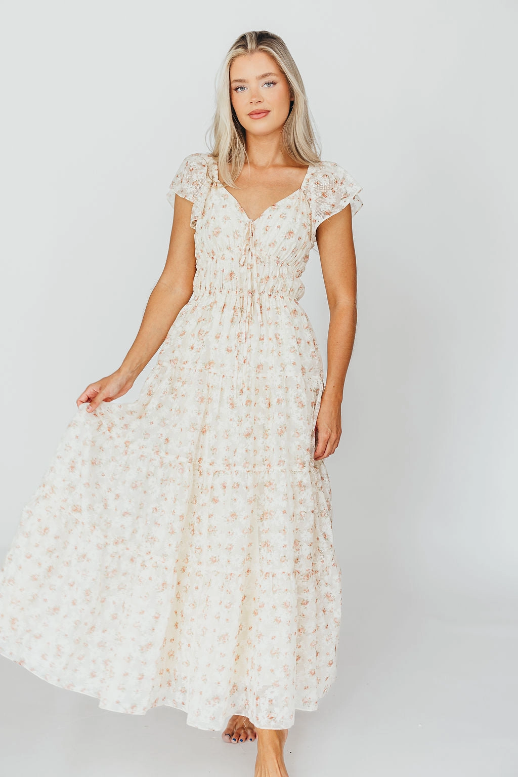 Charming Floral & Gingham Ruffled Maxi Dress in Cream/Peach Floral Timeless Fit