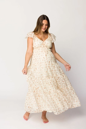 Charming Floral & Gingham Ruffled Maxi Dress in Cream/Peach Floral Perfect Mood