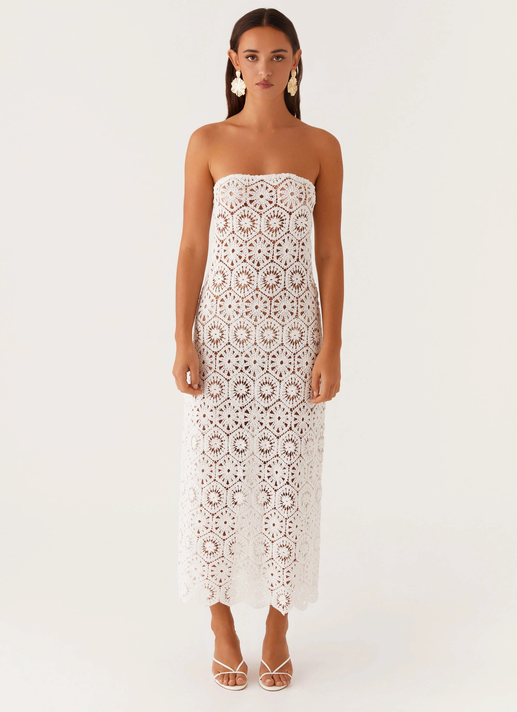Luxury-Fabric Fine Texture Kingsly Crochet Maxi Dress - White