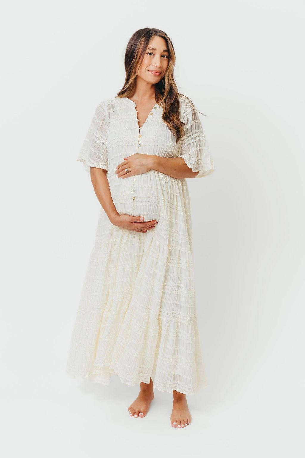 Simple yet chic gown Kristin Tiered Woven Maxi Dress with Detachable Liner in Ivory - Bump Friendly
