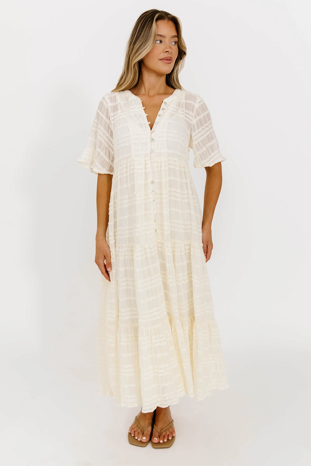 Vintage Style Kristin Tiered Woven Maxi Dress with Detachable Liner in Ivory - Bump Friendly