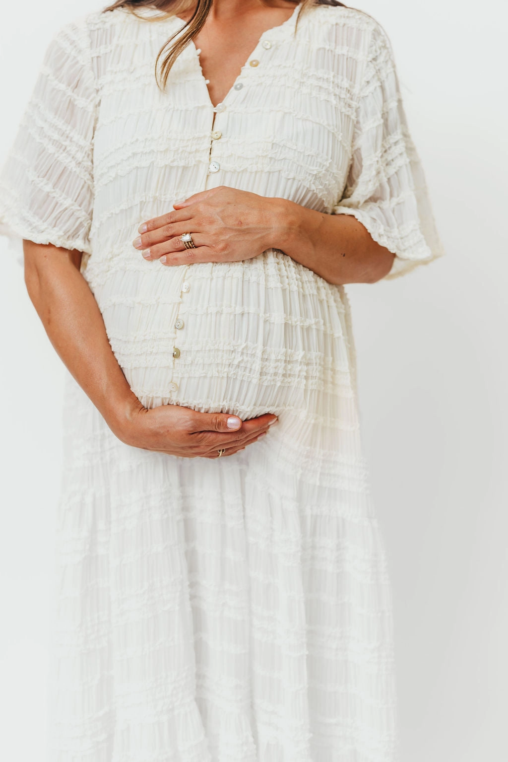 Kristin Tiered Woven Maxi Dress with Detachable Liner in Ivory - Bump Friendly Soft Finish Mood Focused