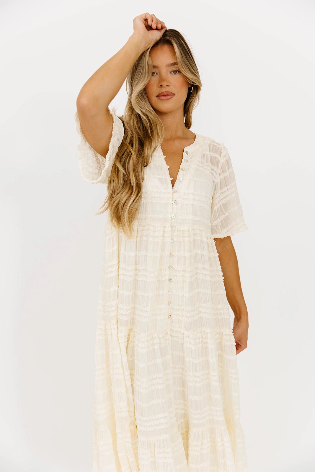 retro-style Simple Flow Kristin Tiered Woven Maxi Dress with Detachable Liner in Ivory - Bump Friendly