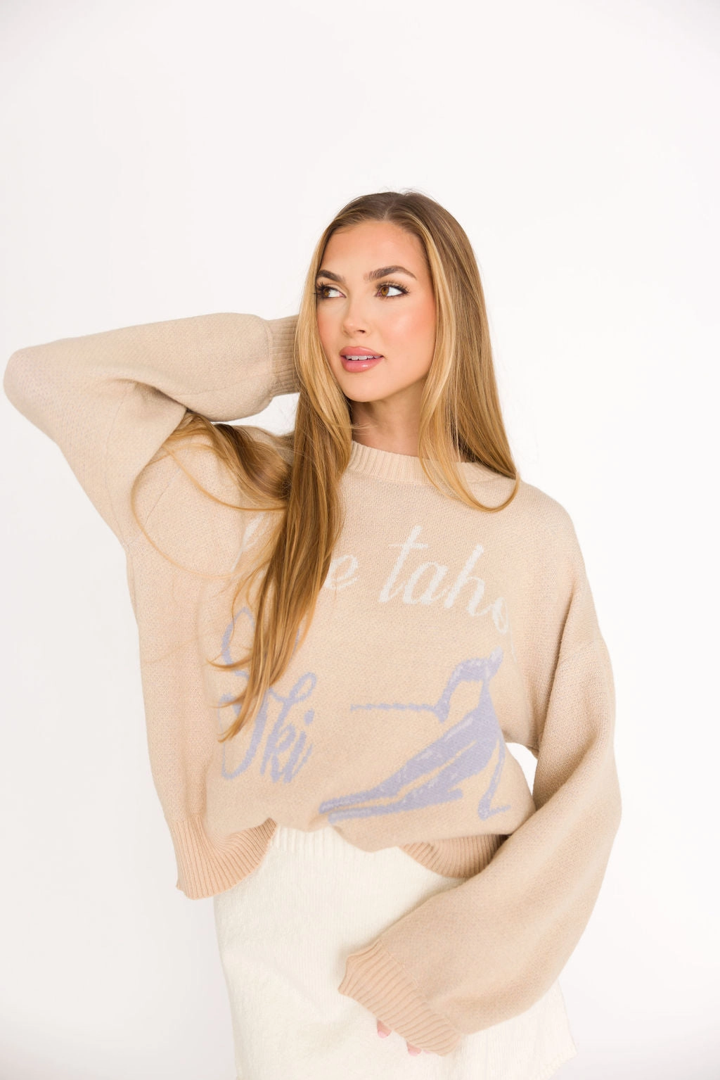 Perfect Warmth Comfy Material Lake Tahoe Ski Graphic Oversized Sweater in Beige