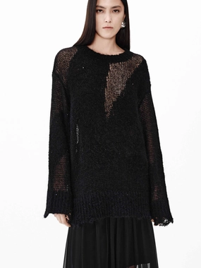 Distressed Sheer Knit Sweater Double Layered Cuffs Modern Outfit