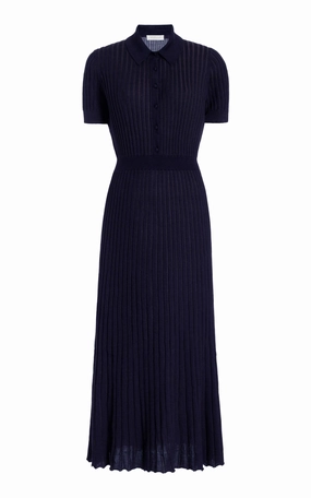 Amor Knit Midi Dress in Dark Navy Cashmere Silk Layer Trend Flexible Ribbing