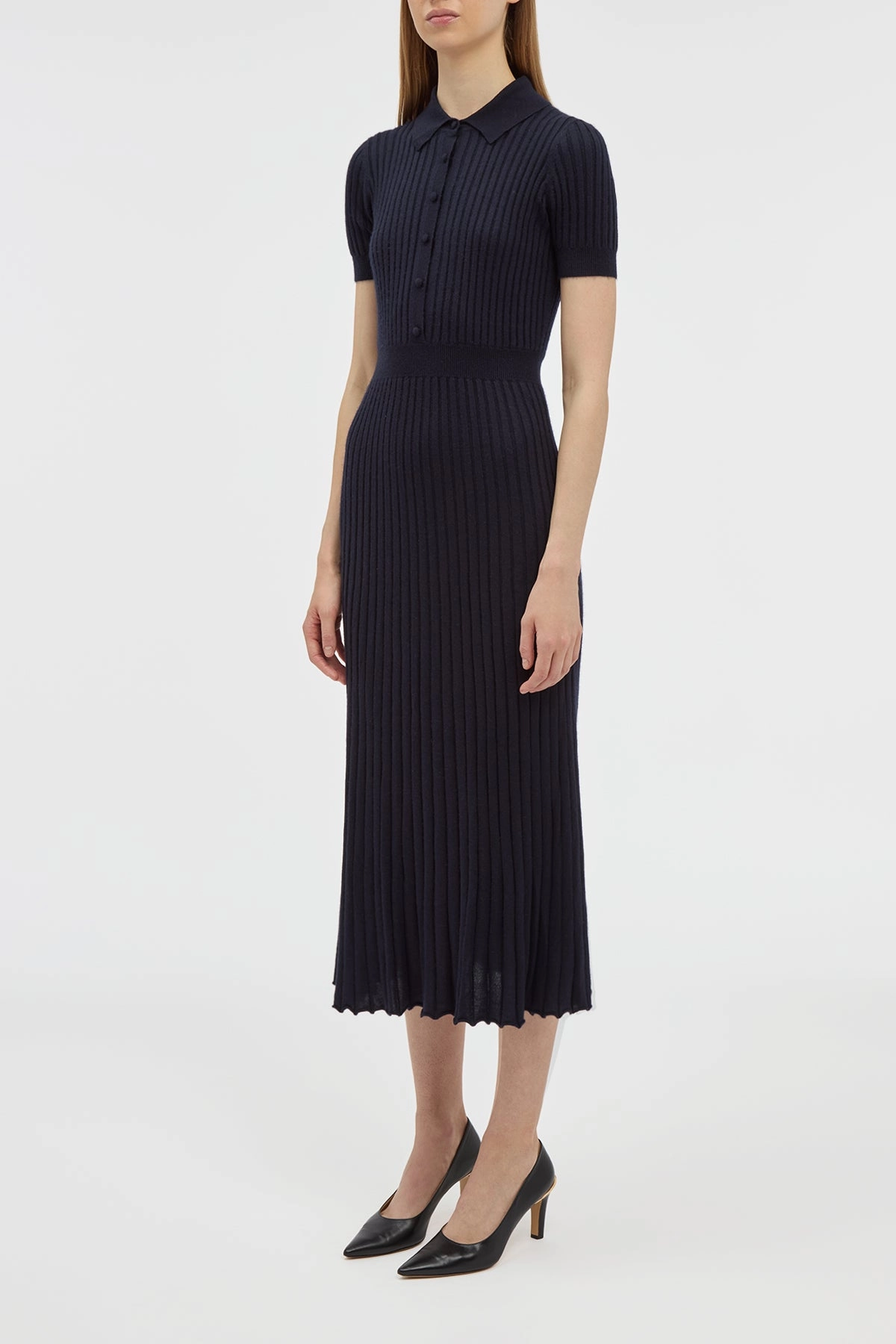 Amor Knit Midi Dress in Dark Navy Cashmere Silk Midweight Feel Ventilated Mesh Panel
