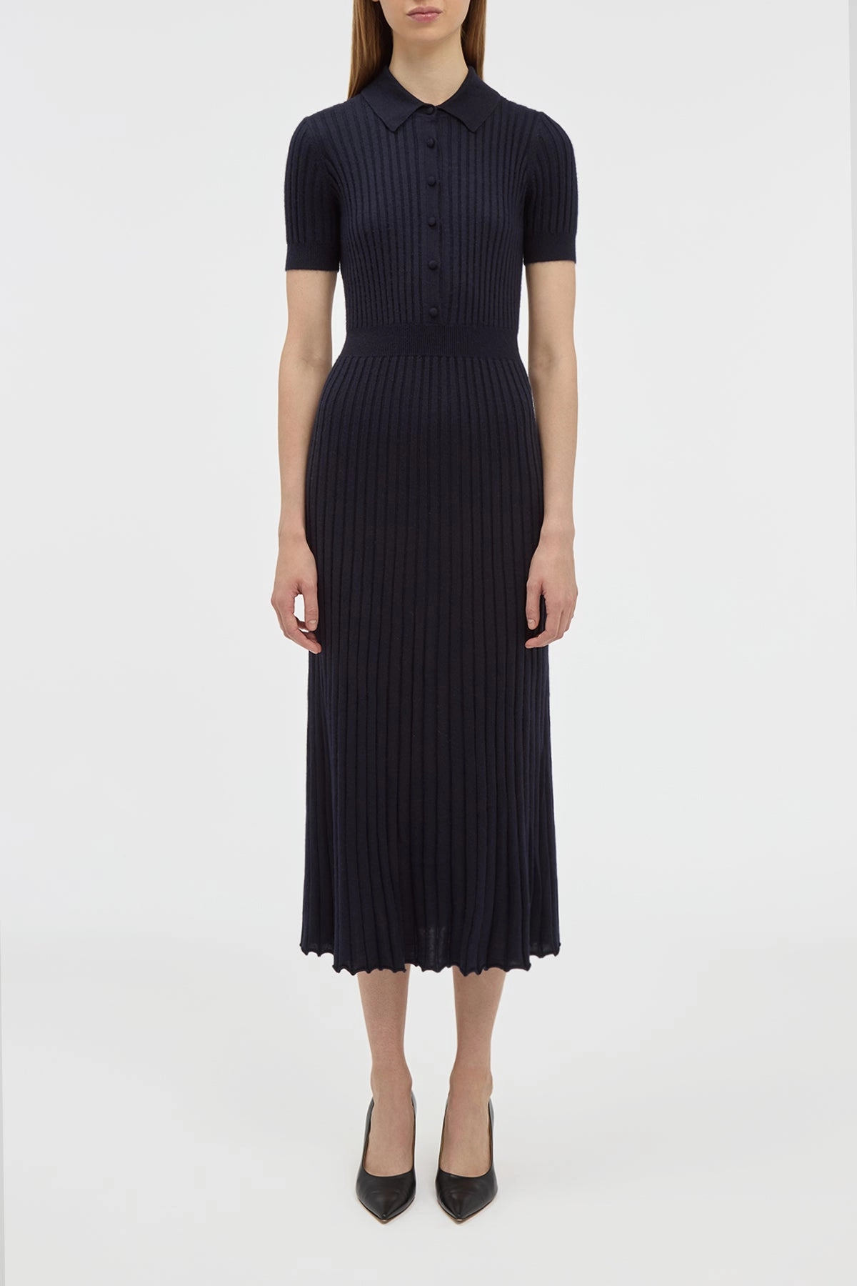 Colorfast Dyed Knit Amor Knit Midi Dress in Dark Navy Cashmere Silk