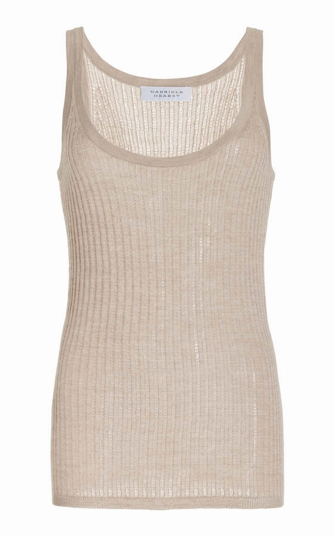 Nevin Pointelle Knit Tank Top in Oatmeal Cashmere Silk WrinkleResistant Yarn Elastic hemline