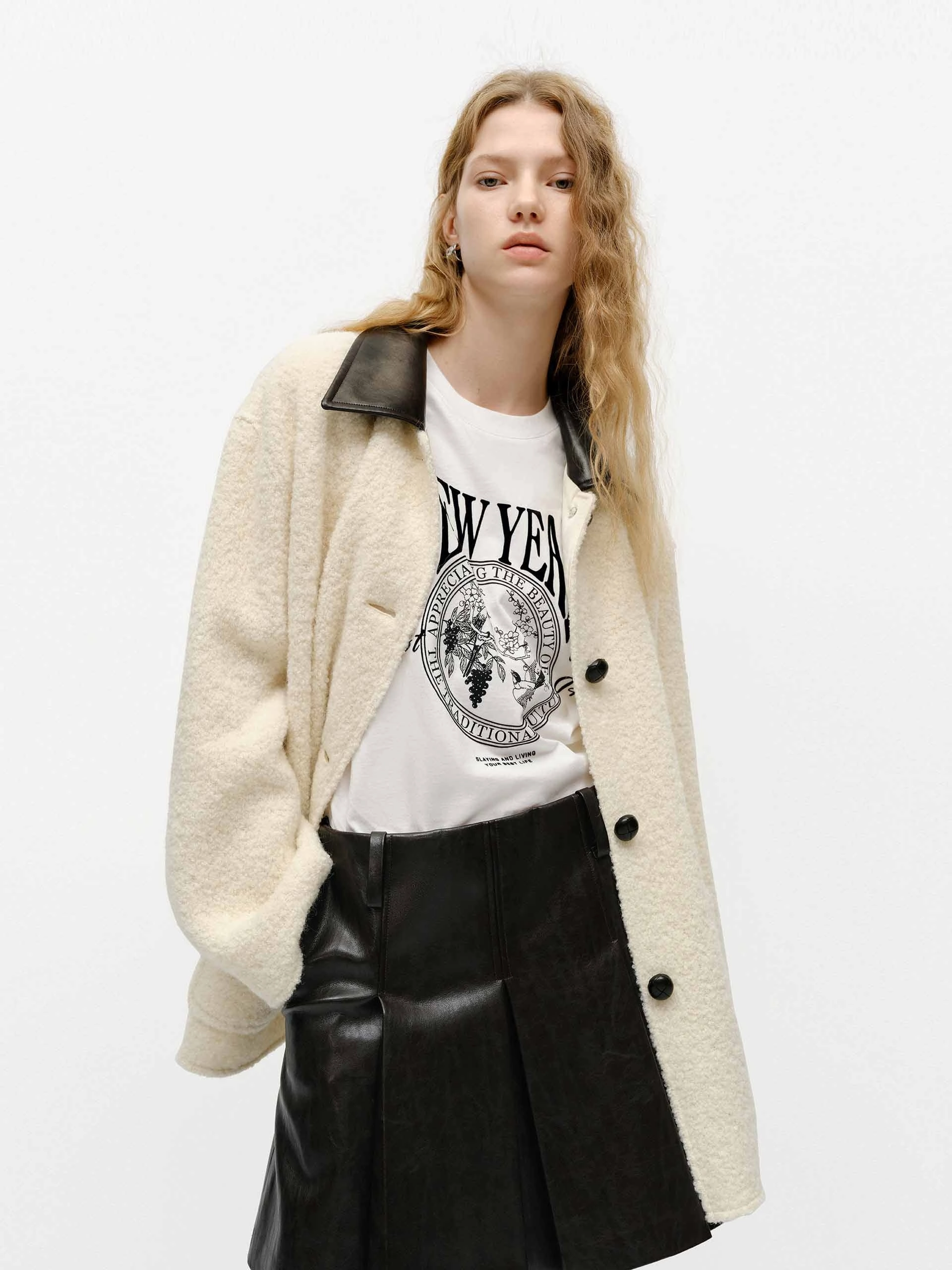 Leather Collar Midi Coat HighNeckDesign