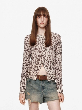 Circular Knit Pattern ribbed texture Leopard Print Cropped Cardigan