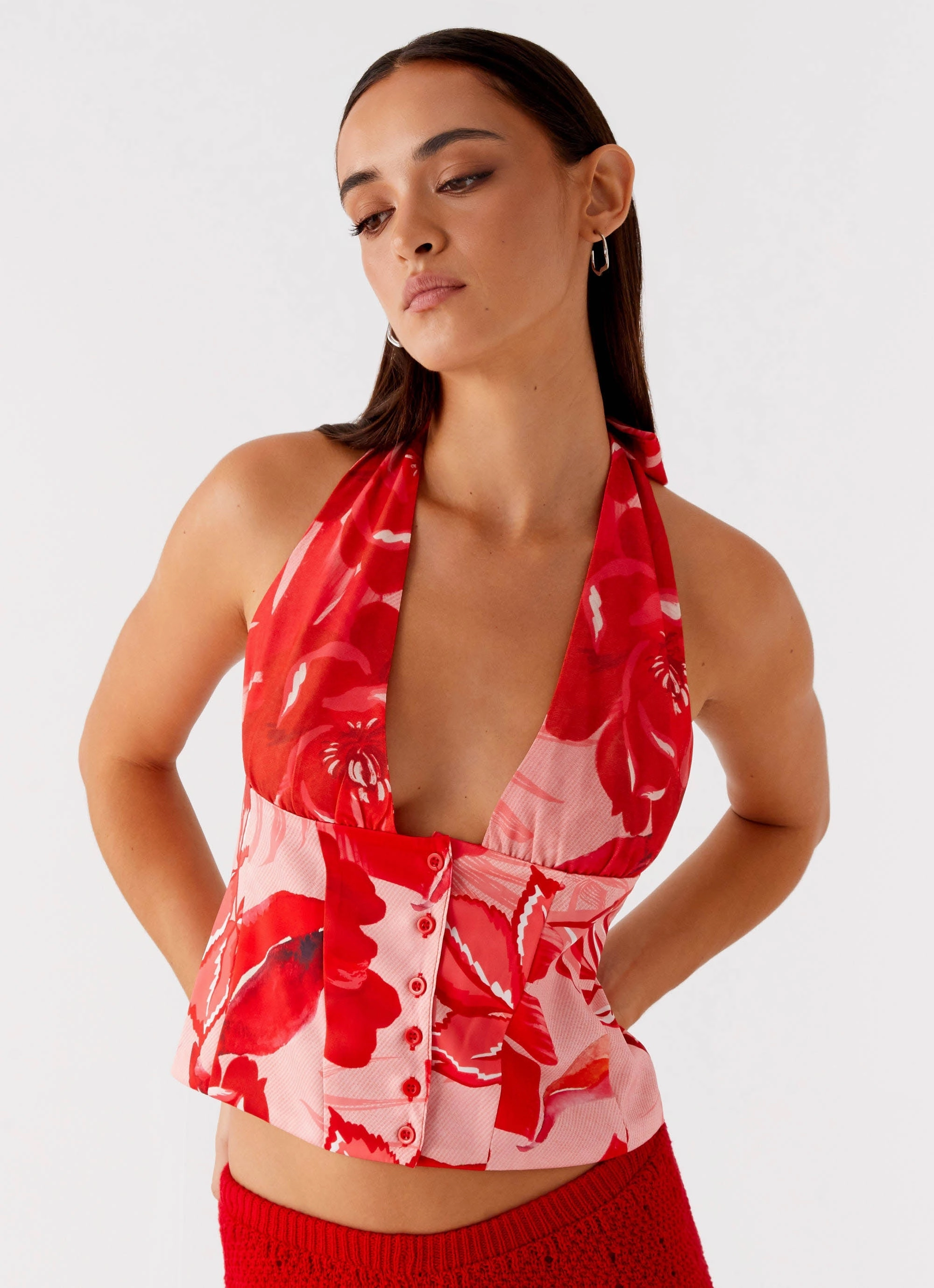 Lets Pretend Halterneck Top - Sicily Sunsets Print Anti Static Treatment