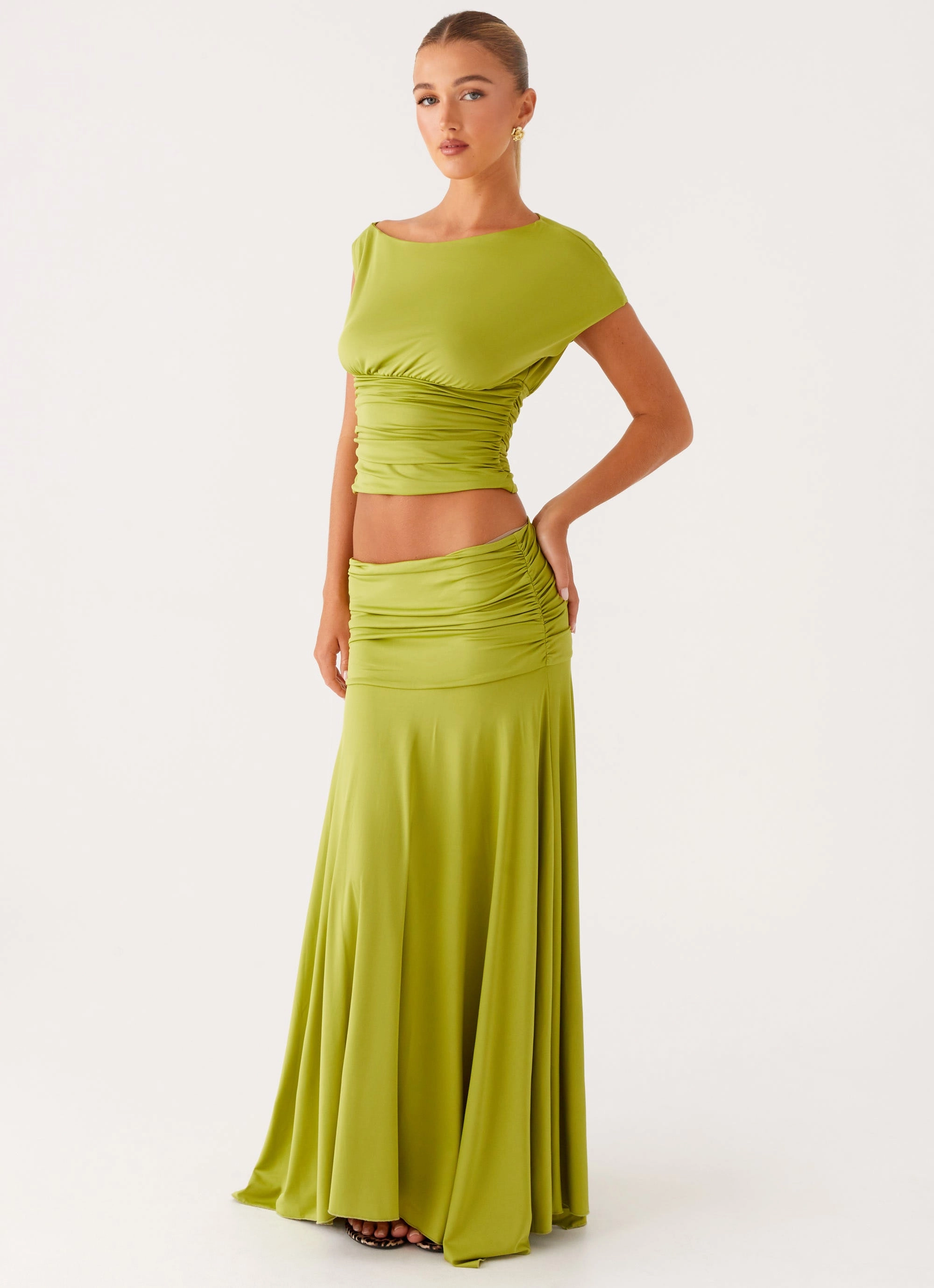 Liana Ruched Maxi Skirt - Green Tassel accents color block
