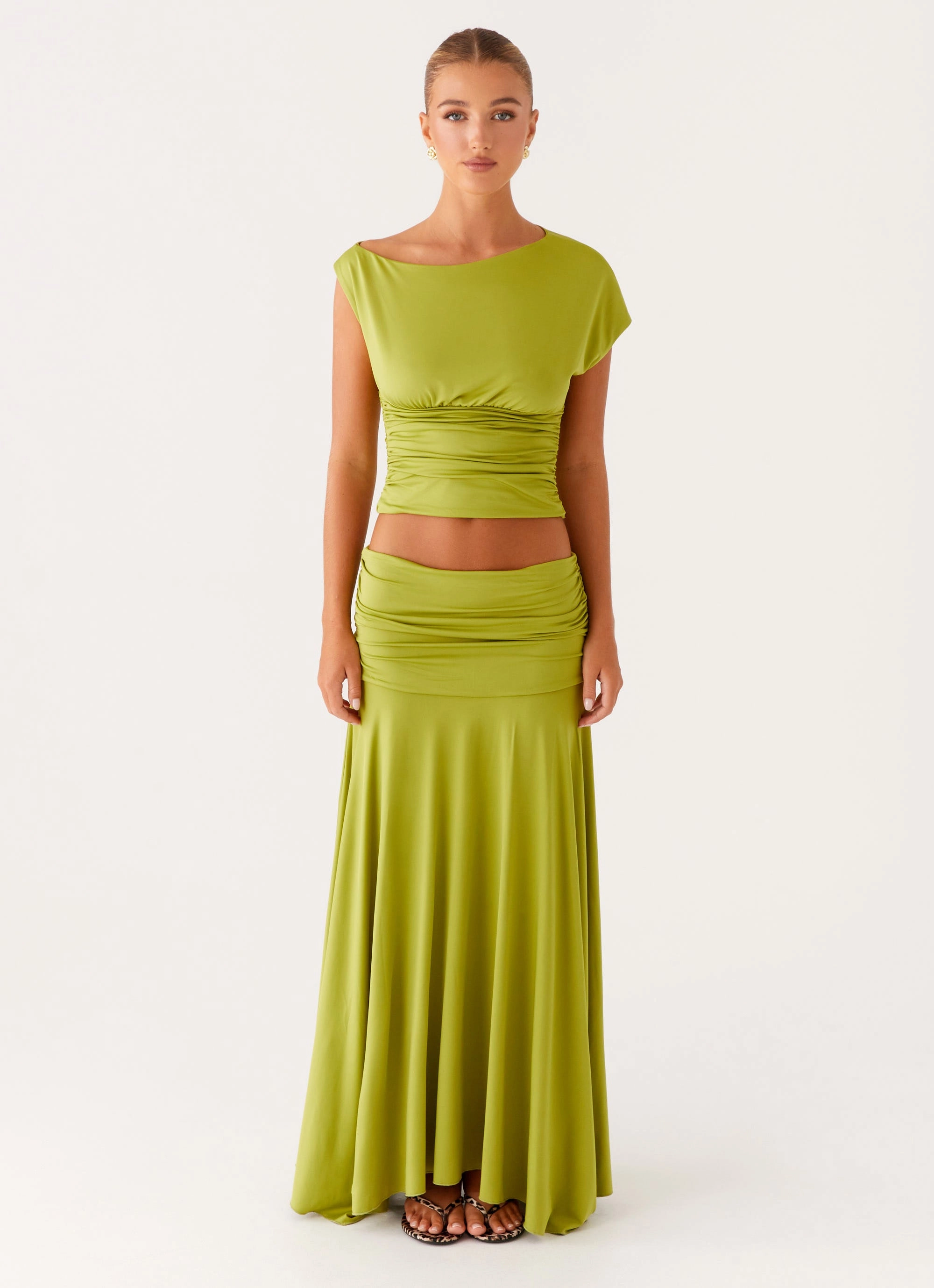 Liana Ruched Maxi Skirt - Green Smooth Motion