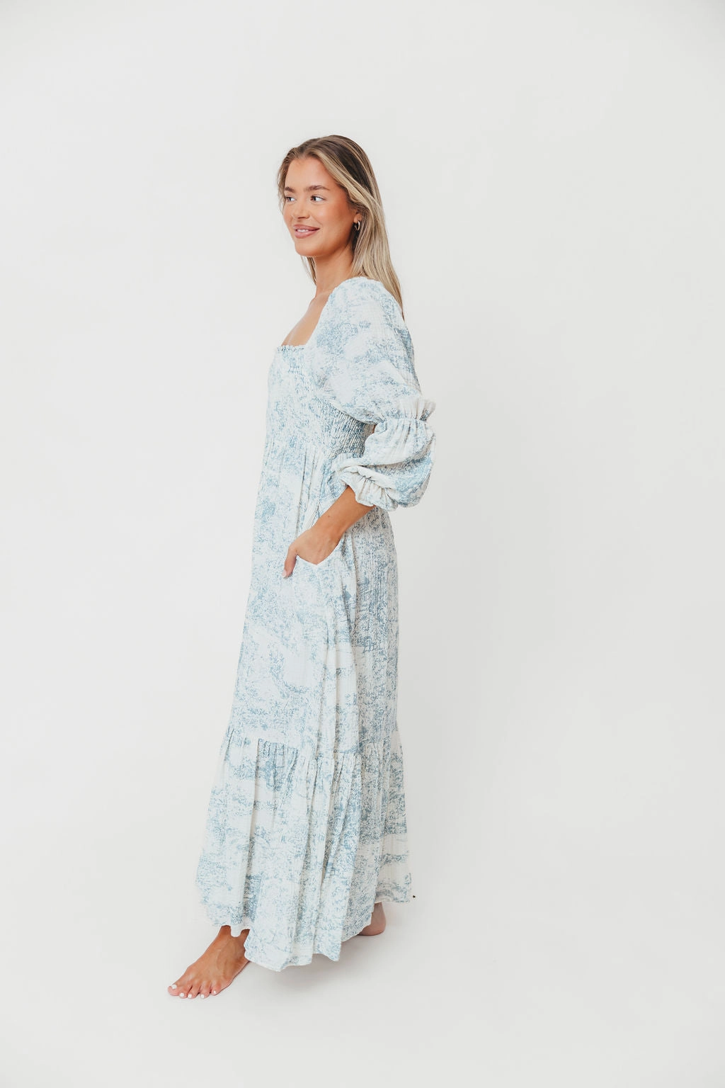 Emerson 100% Cotton Smocked Maxi Dress with Long Sleeves in Blue Toile - Bump Friendly Inner Glow custom-fit