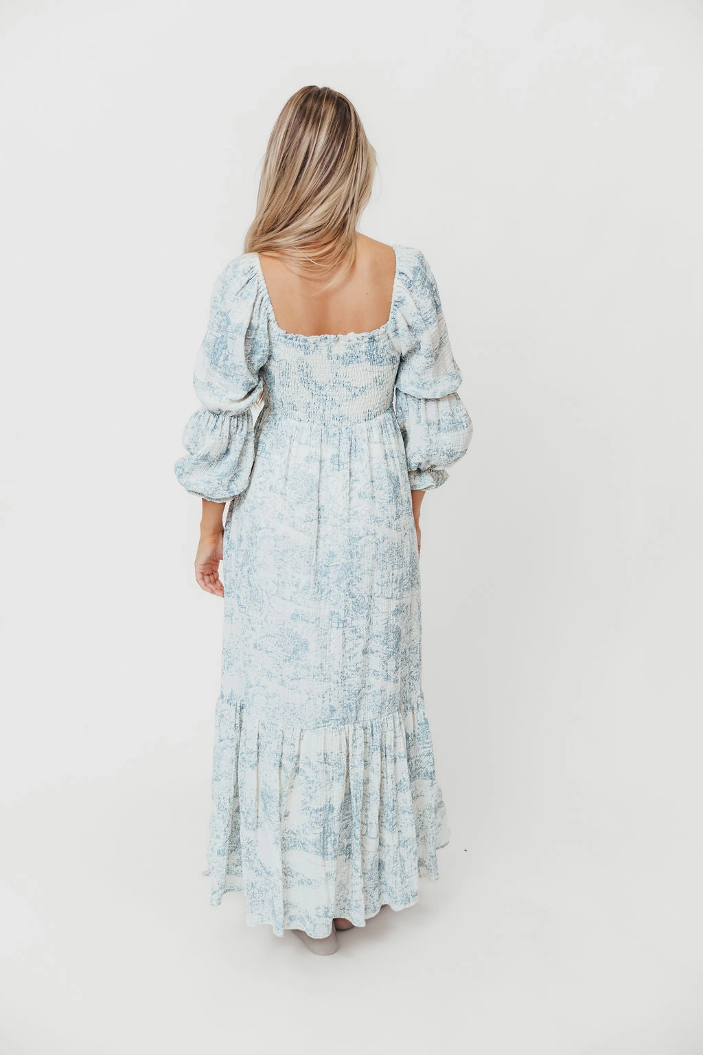 Daytime Look Emerson 100% Cotton Smocked Maxi Dress with Long Sleeves in Blue Toile - Bump Friendly