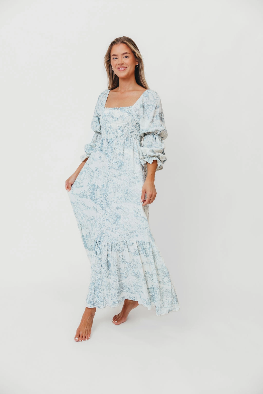 Emerson 100% Cotton Smocked Maxi Dress with Long Sleeves in Blue Toile - Bump Friendly Soft touch evening dress Fashion Option