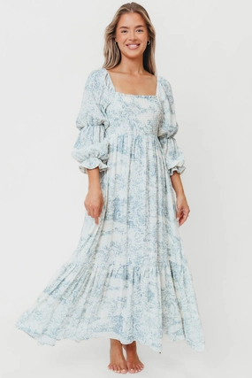 Emerson 100% Cotton Smocked Maxi Dress with Long Sleeves in Blue Toile - Bump Friendly Pastel Sky Dreamy Presence