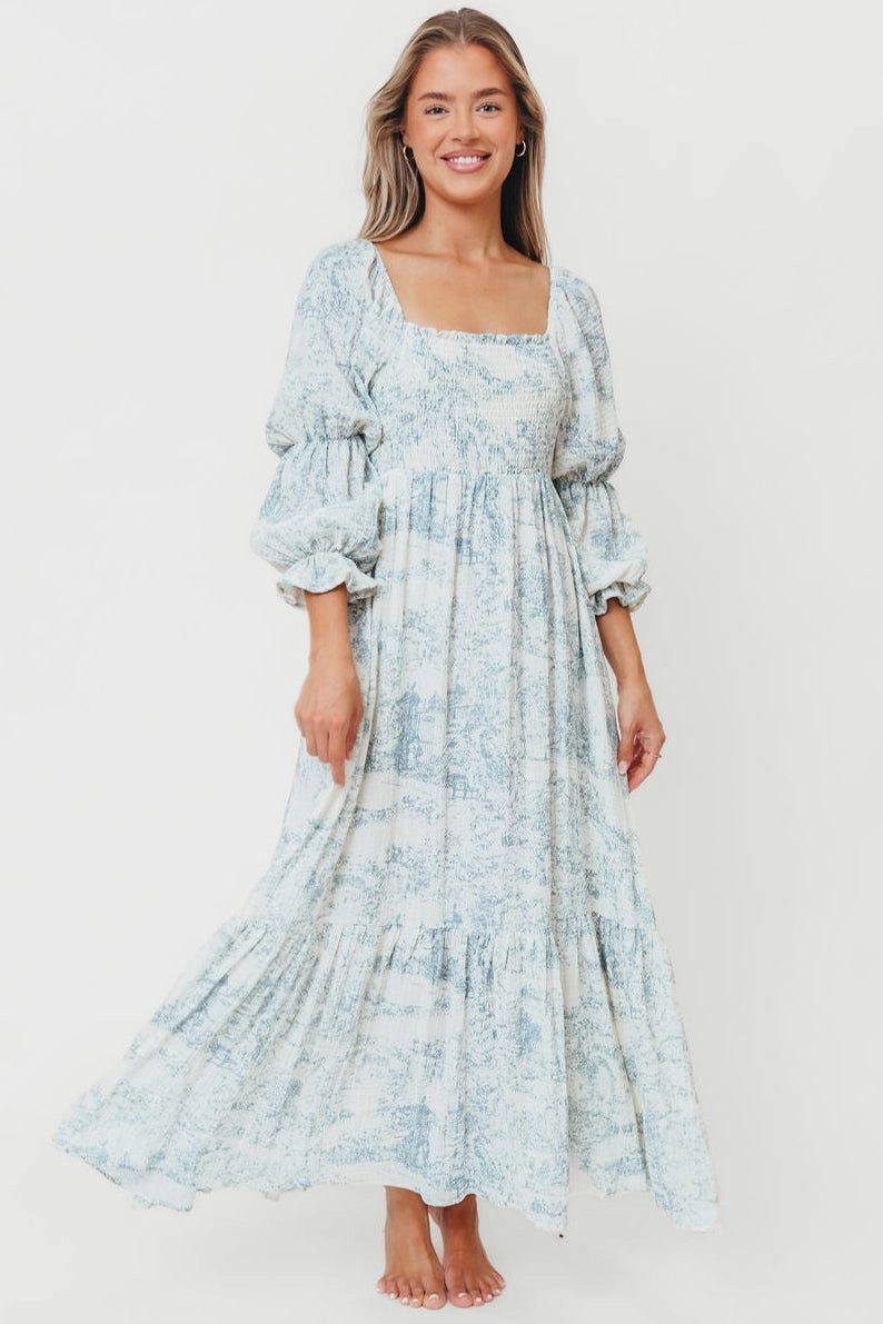 Emerson 100% Cotton Smocked Maxi Dress with Long Sleeves in Blue Toile - Bump Friendly Pastel Sky Dreamy Presence