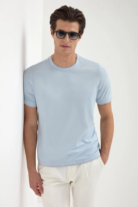 Light blue cotton t-shirt with collar detail - Made in Italy Fresh Outfit Gentle Fabric
