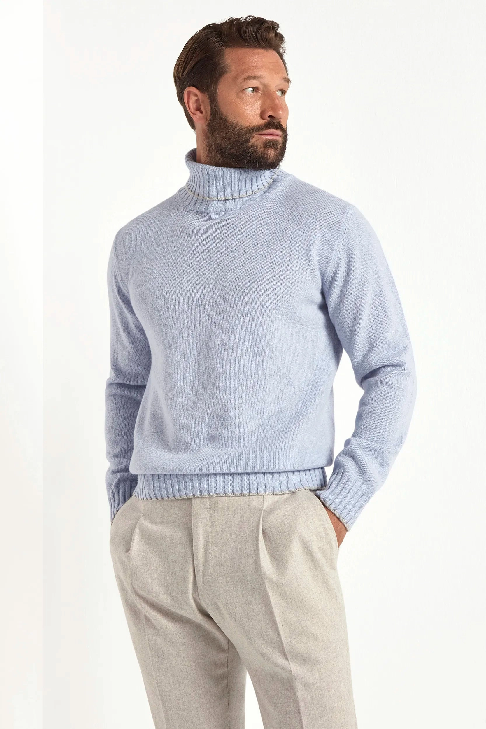 Natural Drape Cold Trend Light blue turtleneck with collar detail ?C Made in Italy