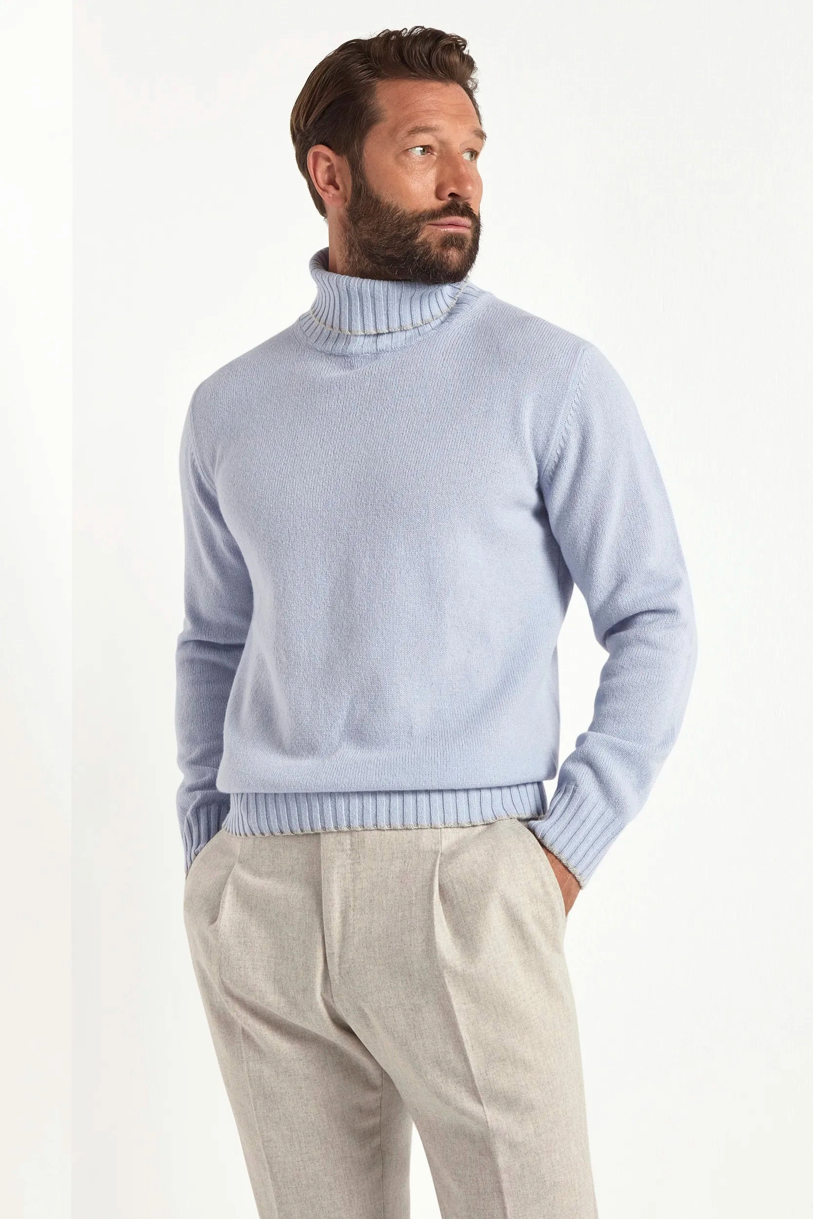 Unisex Fit Low Maintenance Light blue turtleneck with collar detail ?C Made in Italy