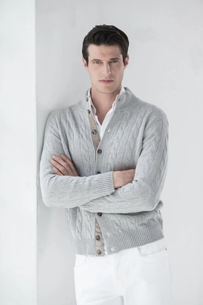 Light grey cable knit cardigan ?C Made in Italy Gentle Stretch Waistband Breathable Knit Fabric
